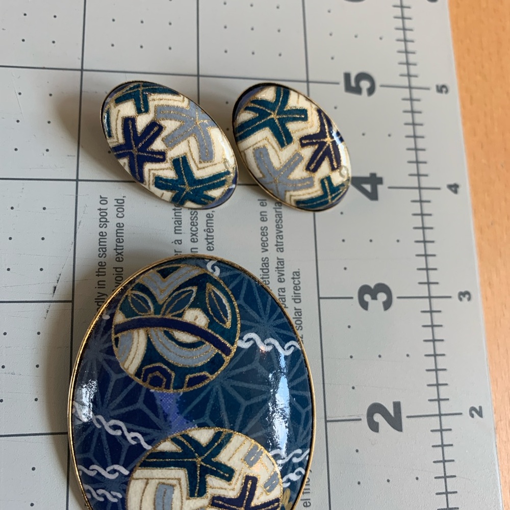Blue and Gold Brooch and Earring Set